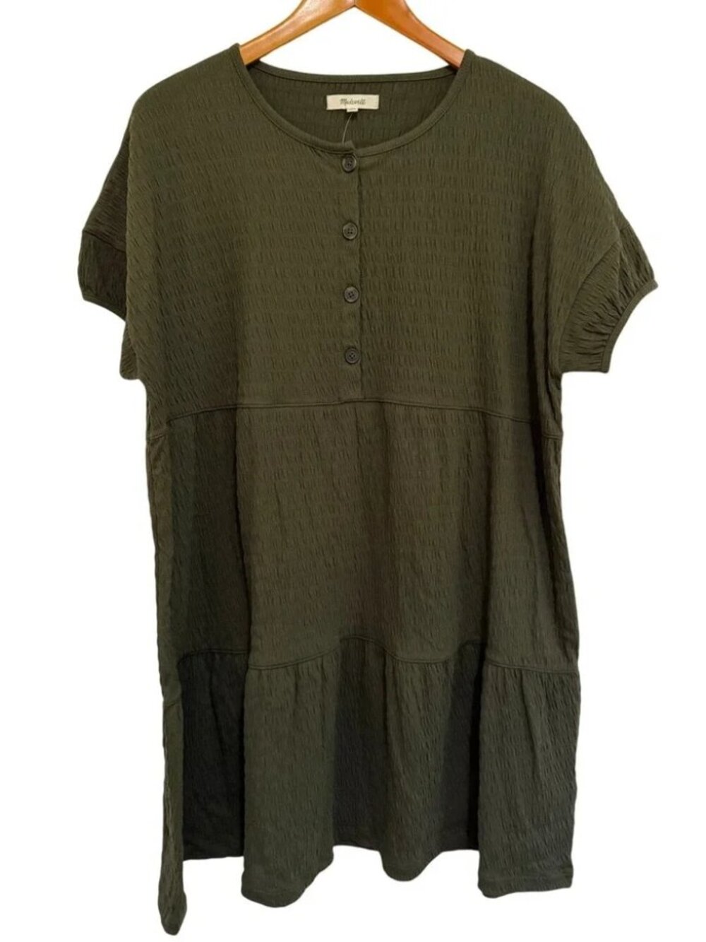 New Madewell Women Henley Mini Dress M Olive Green Seersucker Tiered Boho Cottag